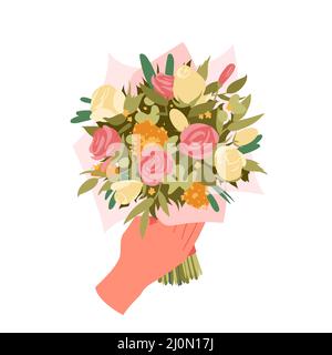 Bouquet de fleurs, main tenant élégant cadeau floral de roses blanches et rouges, plantes Illustration de Vecteur