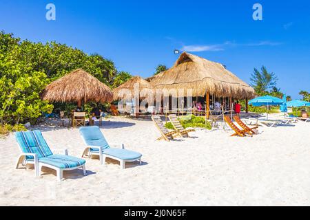 Plage tropicale parasols chaises longues Punta Esmeralda Playa del Carmen Mexique. Banque D'Images