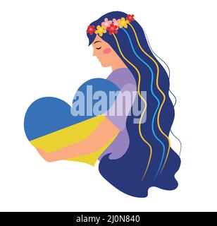 Ukraine jeune ukrainienne pleurant femme embrassant le coeur, drapeau ukrainien. Affiche. Illustration vectorielle Illustration de Vecteur