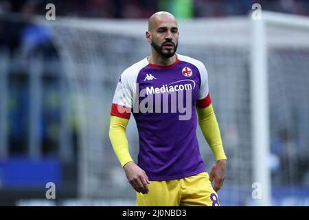 Riccardo Saponara de l'AFC Fiorentina pendant l'échauffement avant la Serie Un match entre le FC Internazionale et l'ACF Fiorentina au Stadio Giuseppe Meazza le 19 mars 2022 à Milan, Italie. Banque D'Images