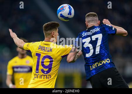 Milan, Italie. 19th mars 2022. Krzysztof Piatek (19) de Fiorentina vu dans la Serie Un match entre Inter et Fiorentina à Giuseppe Meazza à Milan. (Crédit photo : Gonzales photo/Alamy Live News Banque D'Images