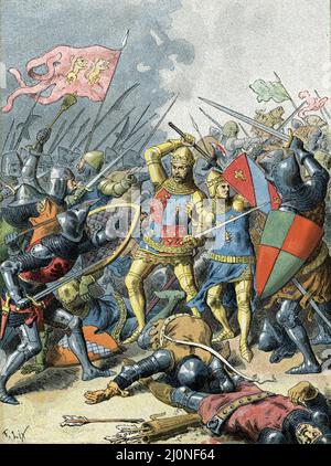 Guerre de cent ans : 'le roi Jean II le bon (1319-1364) a la bataille de Poitiers le 19 septembre 1356' ( bataille de Poitiers entre une armée française commandée par le Roi Jean II et une force anglo-gascon sous Edward, le Prince Noir, Le 19 septembre 1356 pendant la guerre de cent ans) Gravure tiree de 'la France a travers les siecless' de Witt 1897 Collection privee Banque D'Images