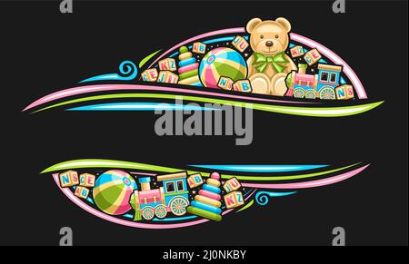 Bordure vectorielle pour jouets pour enfants avec espace de copie pour le texte publicitaire, panneau décoratif avec illustration de différents jouets, adorable ours en peluche avec Illustration de Vecteur