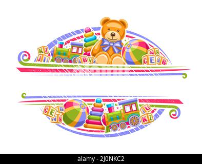 Bordure vectorielle pour jouets pour enfants avec espace publicitaire pour le texte publicitaire, panneau décoratif avec illustration de différents jouets, adorable peluche ours en peluche avec Illustration de Vecteur