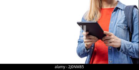 Close up of woman using tablet Banque D'Images