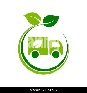 Chariot avec une icône de lame. Éco-camion vert à l'intérieur du cercle avec les feuilles. Transport de marchandises respectueux de l'environnement. Logistique d'expédition neutre en carbone. Illustration de Vecteur