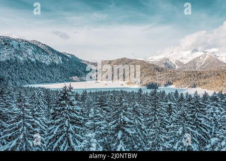 Montagnes enneigées et arbres dans les alpes. Vue sur le lac Eibsee. Allemagne. Banque D'Images