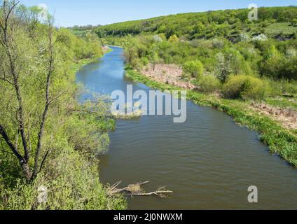 Vue imprenable sur la rivière Zbruch, Ternopil et Khmelnytsky, frontière avec l'Ukraine. Banque D'Images