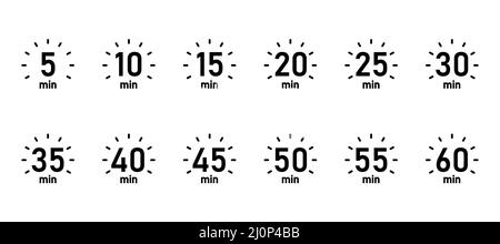 10, 15, 20, 25, 30, 35, 40, 45, 50 min, Minuterie, horloge, vecteur d'icônes de jeu isolé Illustration de Vecteur