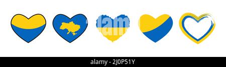 Ensemble d'icônes de drapeau d'Ukraine en forme de coeur. Ensemble d'icônes vectorielles. ukraine, prier pour l'ukraine, sauver l'ukraine Illustration de Vecteur