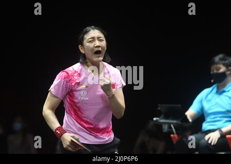 Singapour. 20th mars 2022. Chen Meng, de Chine, célèbre après avoir remporté le match final des femmes célibataires contre son compatriote Wang Manyu au World Table tennis (WTT) Singapore Smash 2022 à Singapour, le 20 mars 2022. Crédit: Puis Chih Wey/Xinhua/Alay Live News Banque D'Images