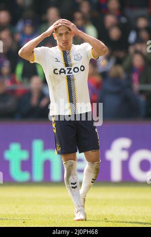 LONDRES, ROYAUME-UNI. 20th MARS Richarlison of Everton Gestures pendant le match de la FA Cup entre Crystal Palace et Everton FC à Selhurst Park, Londres, le dimanche 20th mars 2022. (Credit: Federico Maranesi | MI News) Credit: MI News & Sport /Alay Live News Banque D'Images