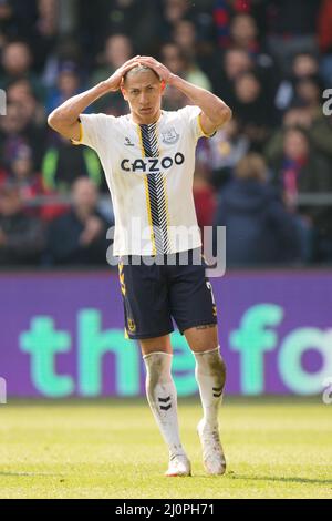 LONDRES, ROYAUME-UNI. 20th MARS Richarlison of Everton Gestures pendant le match de la FA Cup entre Crystal Palace et Everton FC à Selhurst Park, Londres, le dimanche 20th mars 2022. (Credit: Federico Maranesi | MI News) Credit: MI News & Sport /Alay Live News Banque D'Images