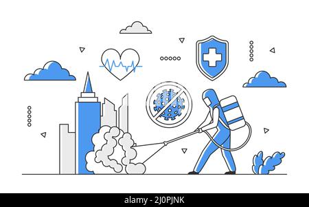Homme équipé pulvérisant du désinfectant dans les espaces publics. Mesures de protection contre la pandémie de coronavirus vecteur monocolor illustration Illustration de Vecteur