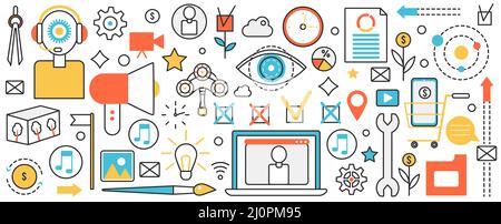 Technologie numérique moderne pour les entreprises. Résumé promotion des ventes en ligne et support de contact, e-mail et marketing sur les réseaux sociaux, service réseau dans la bannière conceptuelle d'infographie, conception d'œuvres d'art minces Illustration de Vecteur