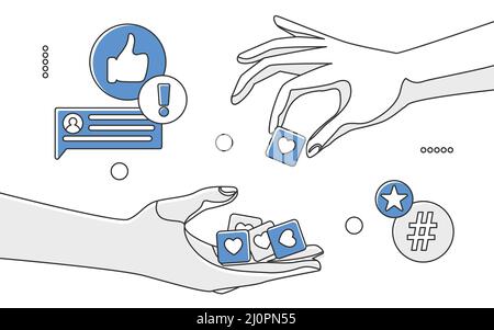 Les utilisateurs apprécient le partage de post sur les réseaux sociaux et la réaction. Illustration du monocolor vecteur d'approbation du public numérique Illustration de Vecteur