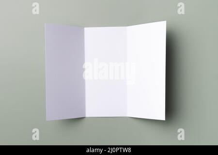 Maquette de brochure tripliante blanche sur fond vert pâle. Papier vide. Banque D'Images