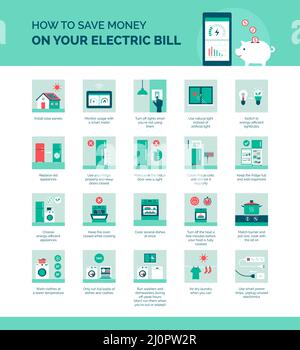 Comment économiser de l'argent sur votre facture d'électricité, économiser de l'énergie et réduire les coûts d'électricité Illustration de Vecteur