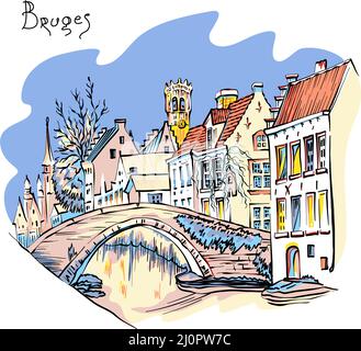 Vector color croquis urbain du canal de Bruges Steenhouwer avec beffroi et belles maisons médiévales, Belgique Illustration de Vecteur