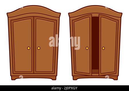 armoire à dessins animés, ouverte et fermée. Mobilier en bois vintage, illustration de clip art vectoriel. Illustration de Vecteur