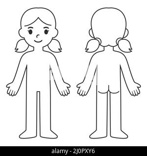 Tableau de dessin animé pour enfant, vue avant et arrière. Modèle de contour de corps de fille vierge. Illustration vectorielle isolée. Illustration de Vecteur