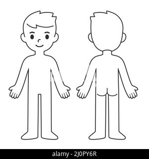 Tableau de dessin animé pour enfant, vue avant et arrière. Modèle de contour de corps de garçon vierge. Illustration vectorielle isolée. Illustration de Vecteur