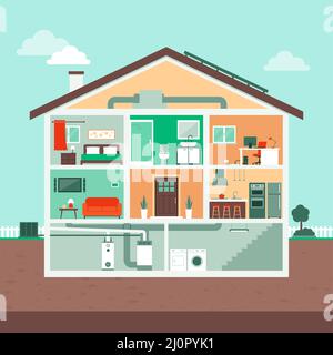 Section de maison contemporaine avec des pièces: salle de bains, salon, bureau à la maison, chambres, cuisine, grenier et sous-sol; maison écologique Illustration de Vecteur