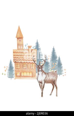 Les cerfs du nouvel an de noël nord abritent des illustrations à la main aquarelle. Imprimé en tissu vintage realism hibou scribe Polar Bear Banque D'Images