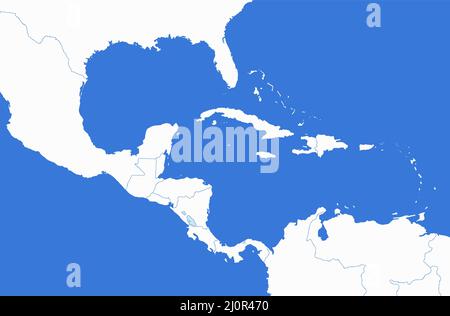 Carte des îles des Caraïbes et de l'Amérique centrale, États et îles individuels, fond bleu, vierge Banque D'Images