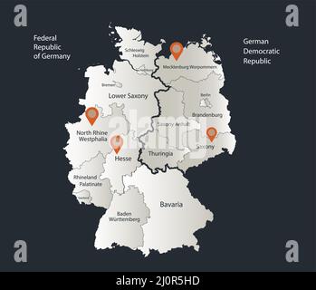 Allemagne carte divisée sur l'Allemagne de l'Ouest et de l'est, Infographics design plat couleurs neige blanc, avec les noms de régions individuelles vecteur Illustration de Vecteur