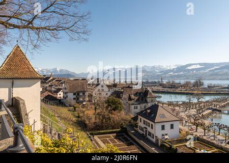 Rapperswil, Suisse 27 février 2022 vue sur la ville et le lac de Zurich avec les alpes en arrière-plan Banque D'Images