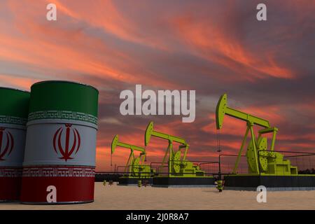 Belle extraction d'huile de citrouille et ciel nuageux au coucher du soleil avec le drapeau DE L'IRAN sur les barils de pétrole 3D rendu Banque D'Images