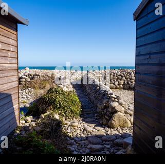 Cabanes de plage et « jardins de devant » à Church Ope Cove une plage isolée et une banque de galets sur la côte est de Portland Bill près de Weymouth dans le Dorset au Royaume-Uni Banque D'Images