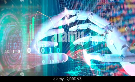 La main de l'homme d'affaires touche la main du robot avec la transformation des données et des graphiques, la transformation des données, le Big Data, l'IoT, le flux de données, internet des objets Banque D'Images