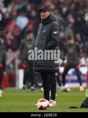 Jurgen Klopp, directeur de Liverpool, en avance sur le match de finale de la coupe Emirates FA au City Ground, à Nottingham. Date de la photo: Dimanche 20 mars 2022. Banque D'Images