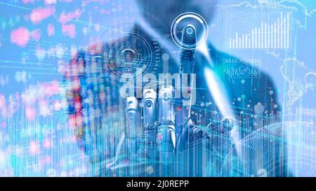 L'homme d'affaires part de la main avec la transformation des données du monde entier, la transformation des données, le Big Data, l'IoT, le flux de données, internet des objets, humain avec les mains de robot Banque D'Images
