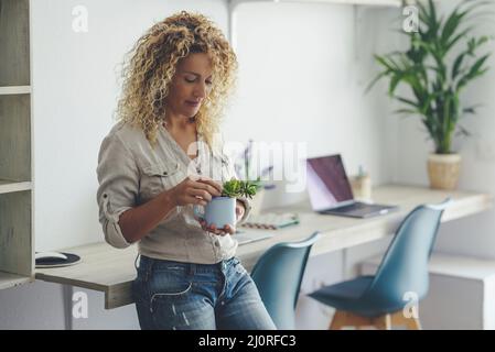 Jolie jeune femme mature Profitez d'activités de loisirs à l'intérieur à la maison debout et s'occuper d'une plante. Ordinateur portable en arrière-plan comme bureau alternatif Banque D'Images