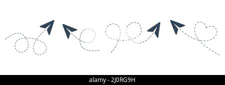 Avions en papier avec ligne pointillée définie. Envoi du message collection de plans de pliage linéaire Illustration de Vecteur