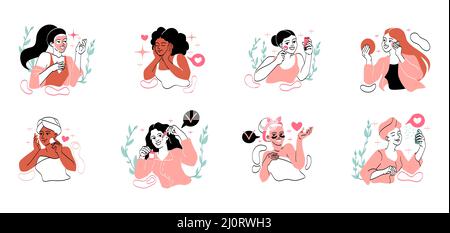 Ensemble de femmes appliquant des produits de nettoyage et d'hydratation à la maison Illustration de Vecteur