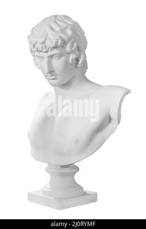 Copie en gypse de la célèbre statue antique buste antinomique isolé sur un fond blanc. Plâtre sculpture antique jeune homme visage. REN Banque D'Images