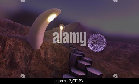 3D-illustration d'une planète extraterrestre avec un étrange cristal portail Banque D'Images