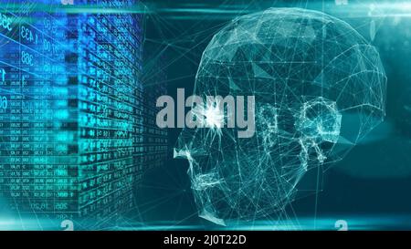 3D illustration de l'analyse de la face d'un robot Big Data en miroir, calcul de données, concept d'analyse de données Banque D'Images