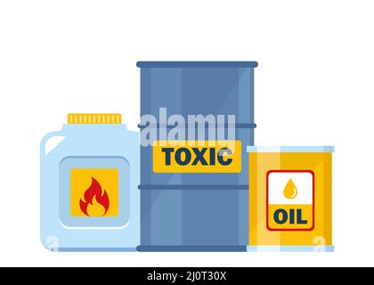 Jeu de récipients contenant des substances toxiques et chimiques. Substances dangereuses toxiques, dangereuses pour le biorisque, radioactives, inflammables. Illustration vectorielle Illustration de Vecteur