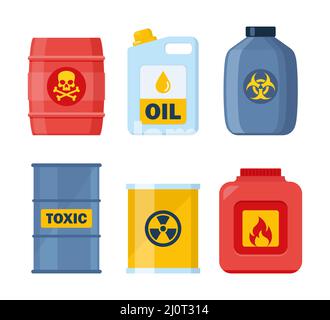 Jeu de récipients contenant des substances toxiques et chimiques. Substances dangereuses toxiques, dangereuses pour le biorisque, radioactives, inflammables. Illustration vectorielle Illustration de Vecteur