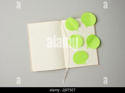 Papier vierge autocollants verts en forme de nuage collé sur des feuilles blanches d'un bloc-notes, fond gris Banque D'Images