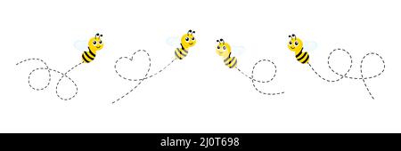 Ensemble de personnages mignon Bees. Abeille volant sur un itinéraire en pointillés isolé sur fond blanc. Illustration de Vecteur