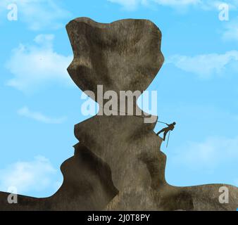 Dans cette illustration de 3 jours, un grimpeur de roche met à l'échelle une formation de roche qui décrit deux visages dans le ciel. Banque D'Images