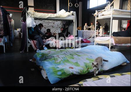 Lviv, Ukraine 20 mars 2022. Les gens vivent dans la salle de gym qui est devenue un refuge où ils ont fui l'invasion russe de l'Ukraine. Les troupes russes sont entrées en Ukraine le 24 février. Banque D'Images