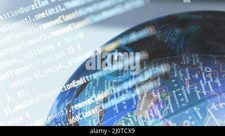 Globe avec panneau de bouton d'alimentation et code de programmation en arrière-plan, développement de code, concept de connectivité de données Banque D'Images