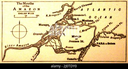 Illustration d'un journal du 19th siècle montrant une carte de la région près de l'embouchure de l'Amazone avec des distances en miles anglais. Banque D'Images